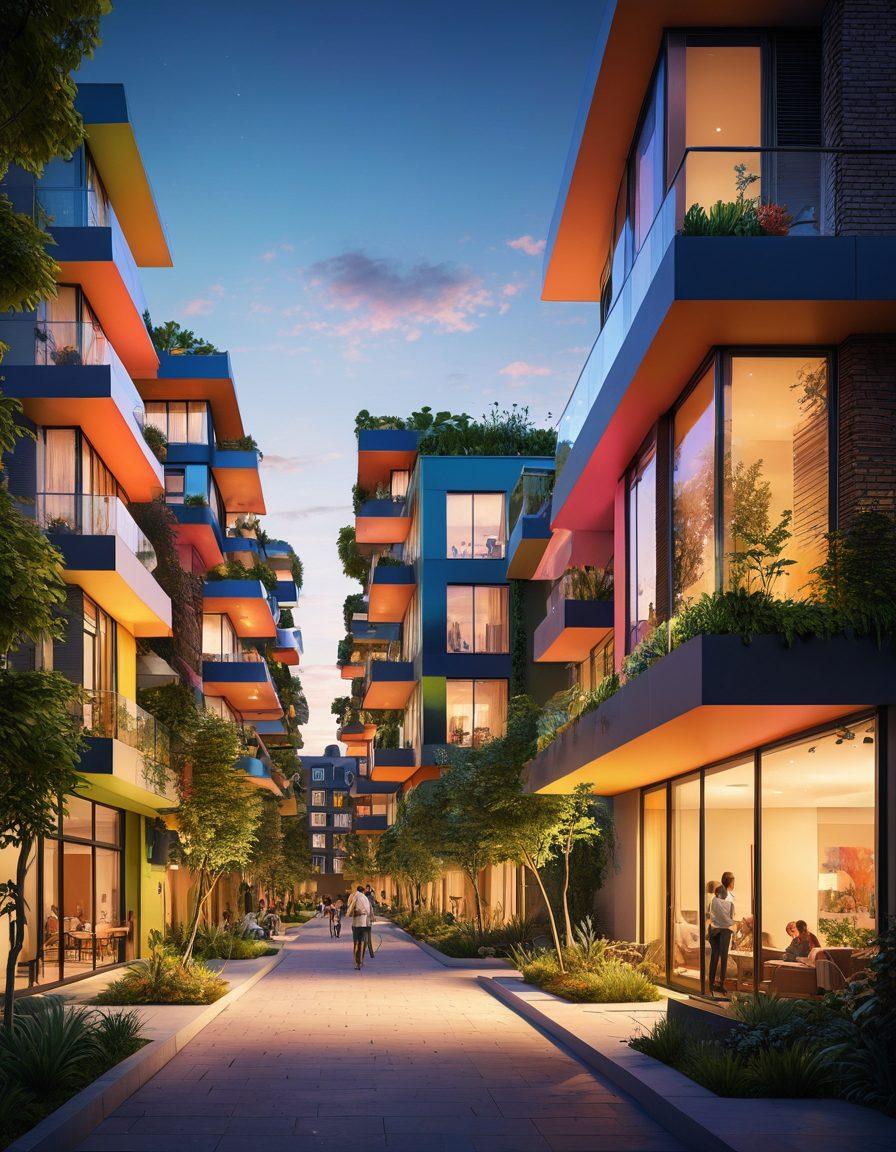 A futuristic urban landscape showcasing diverse housing solutions, including eco-friendly homes, smart technology integrations, and communal spaces. Visualize a blend of modern architecture with greenery, solar panels, and smart devices, emphasizing sustainability and innovation. Include happy families interacting in the neighborhood to symbolize a vibrant community. The scene should be bathed in warm sunlight, suggesting a hopeful future. digital art. vibrant colors. 3D.