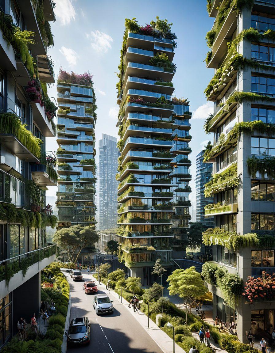 A futuristic cityscape showcasing diverse, innovative residential buildings designed with eco-friendly materials, incorporating smart technology, vertical gardens, and solar panels. People of various backgrounds interacting harmoniously in parks filled with greenery, smart transportation options, and community spaces visible in the background. Bright, uplifting colors to evoke a sense of hope and progress. ultra-modern style. vibrant colors. 3D.