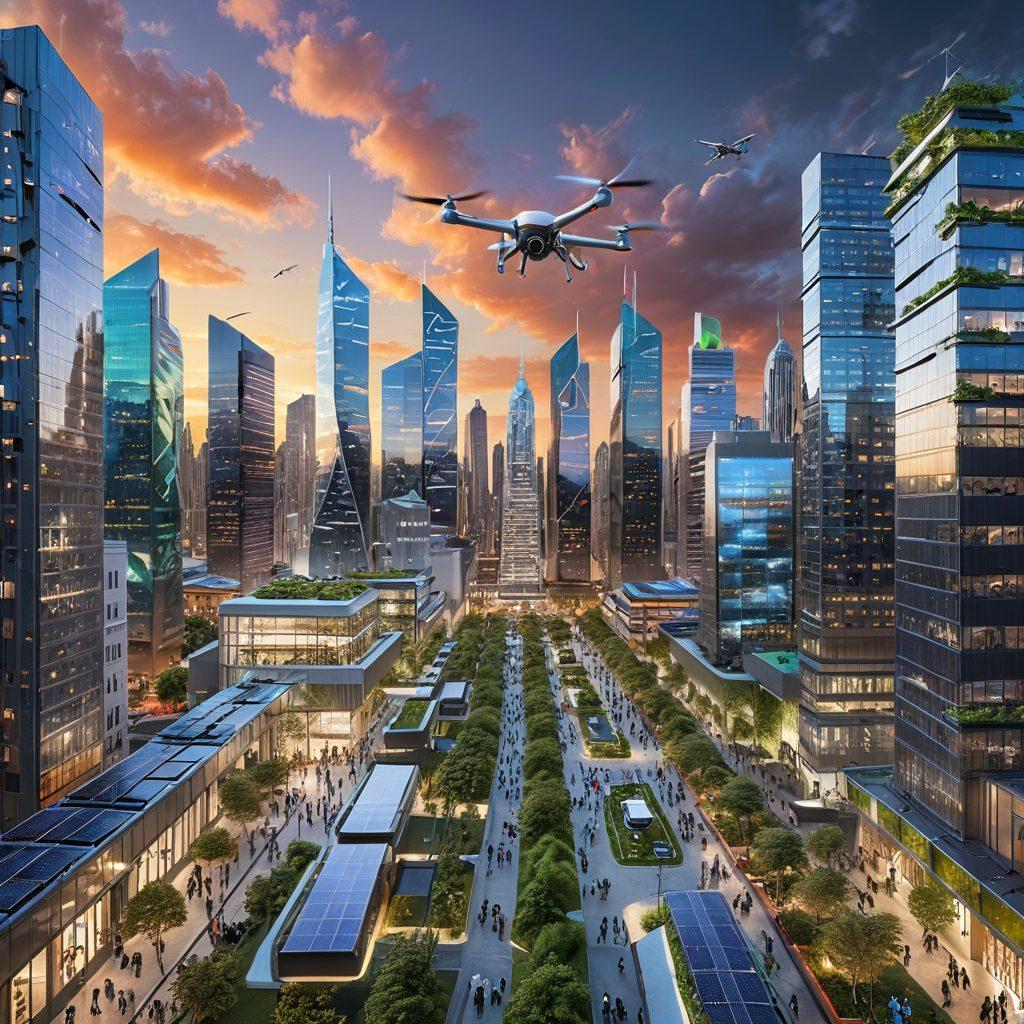 A futuristic city skyline featuring modern, eco-friendly buildings with solar panels and green roofs, bustling with people and drones delivering packages. Include a virtual reality interface showcasing digital property listings in the foreground. Emphasize innovation, technology, and sustainability in real estate transformation. vibrant colors. super-realistic.